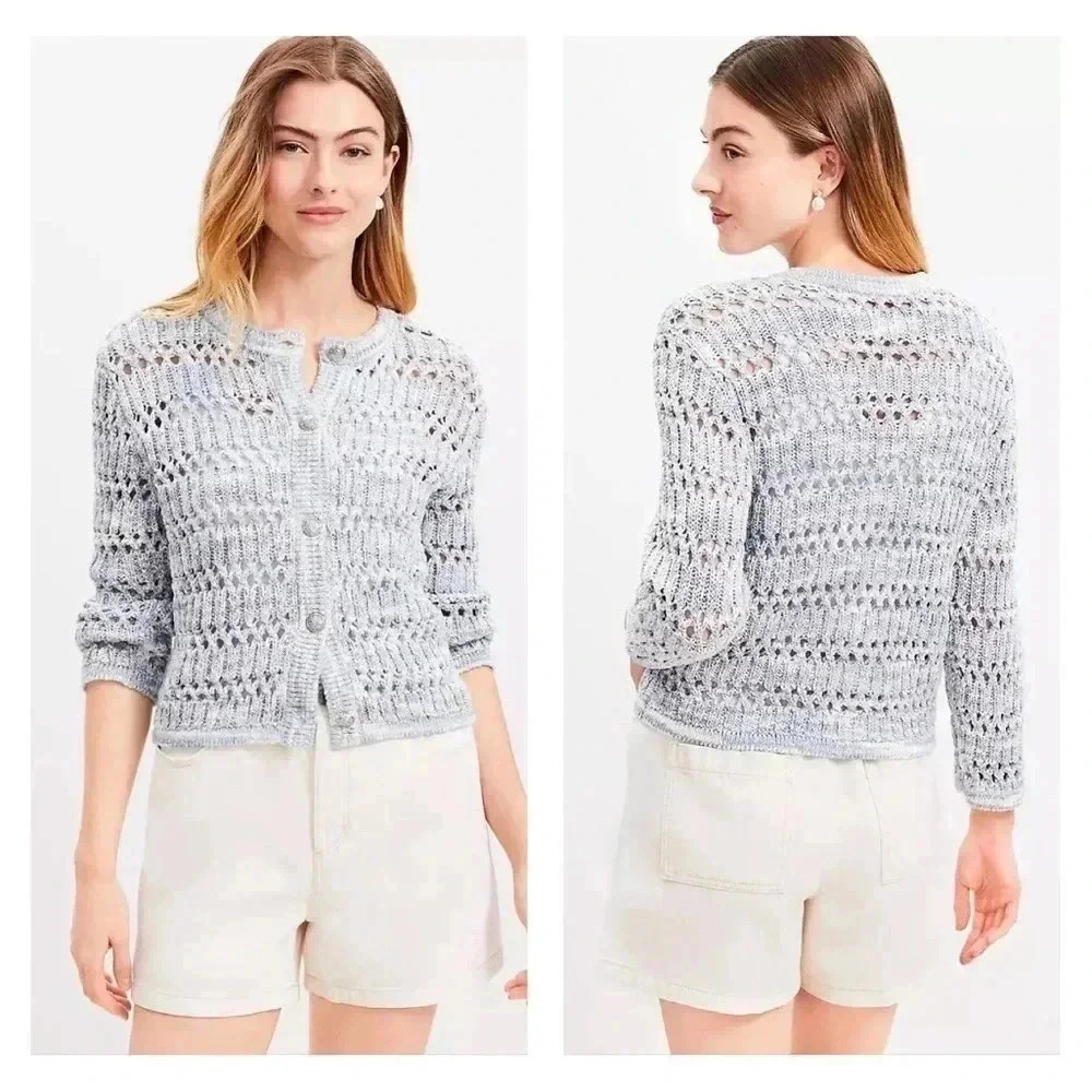 Loft Marled Open Stitch Chunky Soft Knit Crew Neck Sweater